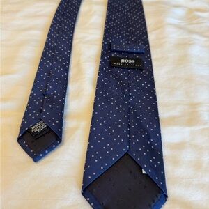 Boss Navy Silk Tie with Small White Microdots
